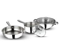 Nobel Stainless Steel Cookware Set, 3 Pc 16 cm Saucepan with Glass Vented Lid, Frypan 24 cm & Kadai 2.7 Litre with Glass Vented Lid Induction Compatible - Silver