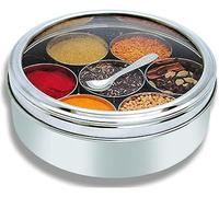 Nobel Stainless Steel Masala Dabba, Spice Box, With 7 Compartments Plus Spoon, See through Lid - 20 Cm Diameter