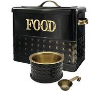 Nobel Vintage Antique Style Black DOG Food Tin with Stainless steel Golden FOOD Bowl on Black Holder & Brass painted Scoop, Ideal DOG CATS AND PETS, STORAGE AND FEED BOWL Gift for any Pet Owners