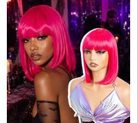 NOBLE 12 Inch Short Straight Bob Synthetic Wigs with Bangs Colorful Cosplay Bob Wig for Women Heat Resistant Synthetic Hair Wig for Halloween Party Costume Daily Use