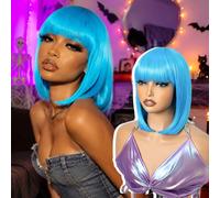 NOBLE 12 Inch Short Straight Bob Synthetic Wigs with Bangs Colorful Cosplay Bob Wig for Women Heat Resistant Synthetic Hair Wig for Halloween Party Costume Daily Use