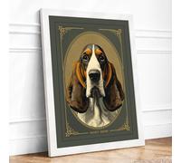 Noble Basset Hound Vintage Framed Wall Art Print A2 (59.4×42cm) White, Wall Decor for Living Room, Bedroom, Office & Home, Ready to Hang, Art Gift