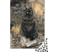 Noble Black Longhair Cat Jigsaw Puzzles for Adults And Kids. 1000 Pieces Open Alchemy Book Whimsical Challenge Toy Educational Game Home Decor 70x50cm/1000pcs