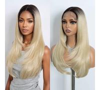 NOBLE Blonde Highlight Straight Layered Wig for Women 24 inch Synthetic Lace Front Wig Ombre Blonde Wig for Daily.