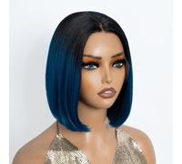 NOBLE Blue Bob Wigs for Women Short T Part HD Lace Front Wigs 10 Inch Synthetic Straight Blunt Cut Ombre Blue Bob Wig for Party and Daily Use