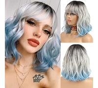 NOBLE Blue Wig with Bangs 12 Inches Short Bob Curly Wig for Women Colorful Wavy Bob Wigs with Air Bangs Heat Resistant Synthetic Silver Blue Halloween Wigs for Cosplay Party