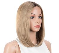 NOBLE Honey Blonde Lace Front Bob Wigs for Women T Part HD Lace Front Wigs with Brown Roots Synthetic Long Bob Wigs for Party and Daily Use (Ombre Brown Blonde with Dark Root Color)