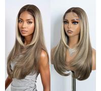 NOBLE Lace Front Wigs For Woman Blonde Mixed Medium Brown Long layered straight Wigs with bangs middle part wig 24 Inch.