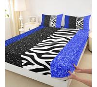 Noble Leopard Kids King Size Fitted Sheet,Zebra Cheetah Skin Abstract Animal Room Decor,Geometric Stripe Glitter Patchwork Boys Girls Bed Sheet,Blue Bedding Set,2 Pillowcases(No Flat)