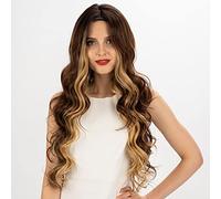NOBLE Long Wavy Highlight Wig Synthetic Hd Lace Front Wigs for Women Girls Ombre Brown Skunk Stripe Wigs Heat Resistant Synthetic Highlighted Brown Wavy Lace Front Wigs for Daily Party Use 29 Inch