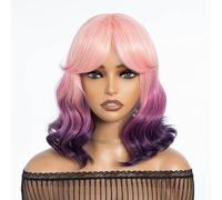 NOBLE Ombre Purple Wig with Bangs for Women Bob Wavy Synthetic Wigs with Natural Shoulder Length Curly Heat Resistant Hair for Daily Party Use.