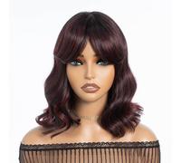 NOBLE Ombre Wine Red Short Wavy Wig with Bangs for Women Synthetic Short Curly Wave Wigs Heat Resistant Fiber Hair Wigs for Daily.