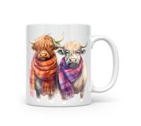 Noble & Page Hand Printed Ceramic Mugs - Watercolour Highland Cows in Tartan Scarves - Cow 4 | Dishwasher Proof | Made in The UK