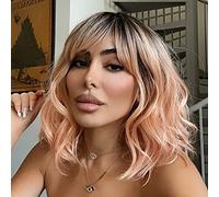 NOBLE Pink Orange Wig for White Women Peach Wig with Bangs Ombre Bob Curly Wigs with Air Bangs Synthetic Short Wavy Wigs with Bangs Heat Resistant Synthetic Daily Party Cosplay Costume Wigs
