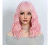 NOBLE Pink Wig Bob Wig with Bangs Short wigs for Women Shoulder Length Heat Resistant Synthetic Hair Bob Wavy Colored Wigs for Halloween Cosplay 12 Inches