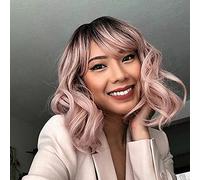 NOBLE Pink Wig with Bangs Short Ombre Pink Bob Wigs for Women Colorful Short Wavy Wigs Heat Resistant Synthetic Bob Wig with Dark Roots for Daily Party Use