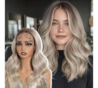 NOBLE Platinum Blonde Lace Front Wig 14Inch Synthetic Wave Middle Part Natural Looking wigs Heat Resistant Wig for Daily Use