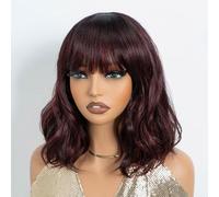 NOBLE Red Wig with Bangs - Short Colorful Wavy Bob Wig, Shoulder Length Ombre Wine Red Curly Wigs, Heat Resistant Synthetic Burgundy Colored Wigs for White Women