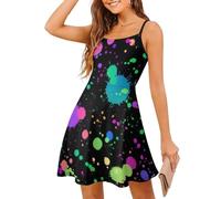 Noble Ren Glow in Dark Splatter Neon Women's Sling Dress Summer Casual Beach Cami Mini Dress Short A-Line Sundress