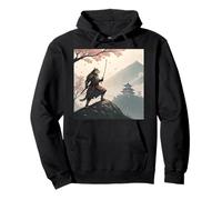 Noble Samurai Cat with Katana Among Petals Pullover Hoodie