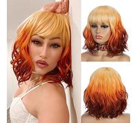 NOBLE Short Bob Wigs with Bangs for Women 3 Tone Ombre Color Synthetic Shoulder Length Curly Wavy Blonde to Orange to Ginger Wig Natural Looking Heat Resistant Colorful Daily Party Cosplay Bob Wigs.