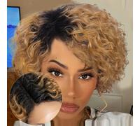 Noble Star 8inch Curly Wave Pixie Cut Wigs Human Hair 13x5x1 L Part Bob Wig for Women Side Part Pixie Cut Lace Front Wig with Baby Hair Glueless Short Cut Bob Wig TT1B/27
