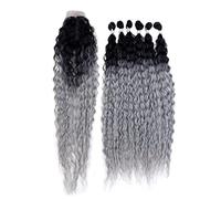 NOBLE STAR Water Wave 6 Bundles with Closure Synthetic Hair 30inch Ocean Wave Bundles with Closure Wet and Wavy Black Silver Gray High Temperature Hair Extensions