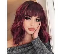NOBLE Synthetic Ombre Burgundy Wig Short Wavy Wigs With Air Bangs Shoulder Length Wig For Women Curly Wavy Heat Resistant Synthetic Colorful BOB Wigs
