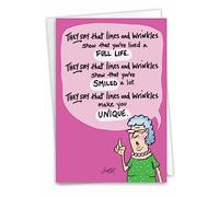 NobleWorks - 1 Funny Women's Birthday Card with Envelope - Cartoon Humor, Stationery Bday Celebration Card for Wife, Women - Lines and Wrinkles C9319BDG