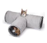 Nobleza 3 Way Collapsible Cat Tunnel Toy, Cat Tunnels in Suede for Indoor Adult Cats, Large Cats Play Tube Tunnel with Suspended Ball Peek Hole Crinkle Sound for Rabbit Kitten, D25*L80*W30cm, Gray