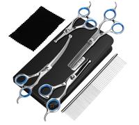 Nobleza Dog Grooming Scissors Set 6 in 1 with Professional,Safety Round Tip | Curved & Thinning Scissors,Long & Short Straight Scissors Kit with Combs,Stainless Steel Pet Scissors Puppy Cat Hair Trimming