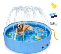 Nobleza Dog Paddling Pool with Sprinkler, 2 in 1 Foldable Dog Pool Large Dog Swimming Pool Portable PVC Non-Slip Pet Pool Outdoor Thickened Doggy Bathtub for Summer Garden Patio Bathroom Blue 120x30cm