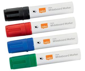 Nobo Glide Drywipe Whiteboard Pens, 10 mm Large Chisel Tip, Pack of 4, 1915393, Coloured