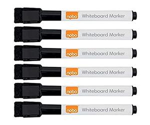 Nobo Mini Whiteboard Pens With Magnetic Eraser Cap, 2mm Fine Tip, Pack Of 6, Dry Wipe/Erase, Low Odour, Black, 2104184