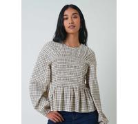 Nobody's Child Checked Crew Neck Shirred Fitted Peplum Top Cream