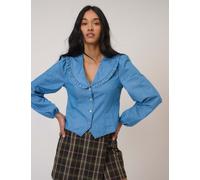 Nobody's Child Denim Frill Collar Button Through Blouse Blue