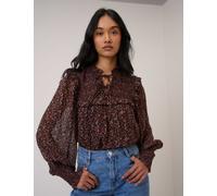 Nobody's Child Floral Tie Neck Shirred Blouse Brown