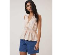 Nobody's Child Linen Rich Ruched Tie Front Peplum Top Pink