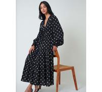 Nobody's Child Polka Dot V-Neck Midi Tiered Dress Black Mix