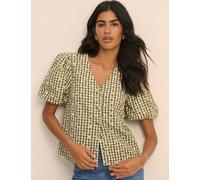 Nobody's Child Pure Cotton Checked Embroidery V-Neck Blouse Green