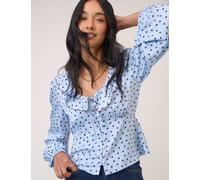 Nobody's Child Satin Polka Dot V-Neck Ruffle Blouse Blue