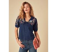 Nobody's Child X Elizabeth Scarlett female Pure Cotton Collared Relaxed Puff Sleeve Blouse - 12 - Blue Mix, Blue Mix