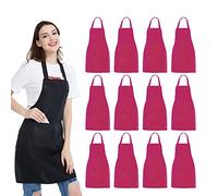 NOBONDO 12 Pack Bib Apron - Unisex Pink Apron Bulk with 2 Roomy Pockets Machine Washable for Kitchen Crafting BBQ Drawing