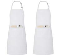 NOBONDO 2 Pack Adjustable Bib Aprons with Pockets for Men and Women, Waterdrop and Wrinkle Resistant, Kitchen Apron for Cooking, Baking, Barbecue, Painting, Gardening, Crafting (White)