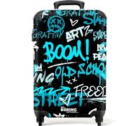NoBoringSuitcases© Adults Luggage Suitcase for Women and Men | 55x40x20 cm - Personalised Cabin Suitcase on Wheels - Blue Graffiti Text - Customisable - Hard Shell Luggage - 20 Inch - 10kg