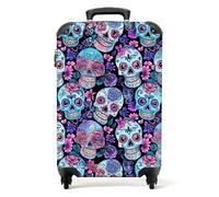 NoBoringSuitcases© Cabin Suitcase for Women and Men | 55x40x20 cm - Luggage with Wheels - Skull Pattern - Blue Pink - Carry-Ons - Lightweight Suitcase - Hard Shell Trolley - 20
