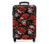 NoBoringSuitcases© Cabin Suitcase for Women and Men | 55x40x20 cm - Luggage with Wheels - Skull Roses - Red - Carry-Ons - Lightweight Suitcase - Hard Shell Trolley - 20 Inch