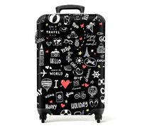 NoBoringSuitcases© Cabin Suitcase for Women and Men | 55x40x20 cm - Luggage with Wheels - Travel Patterns - Black - Carry-Ons - Lightweight Suitcase - Hard Shell Trolley - 20"