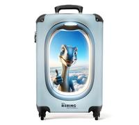 NoBoringSuitcases© Children's Luggage Kids Suitcase for Boys | 55x40x20 cm - Hand Luggage - Cabin Suitcase on Wheels - Hard Shell Trolley - Blue Dinosaur Thumbs Up in Window - 20" - 10kg