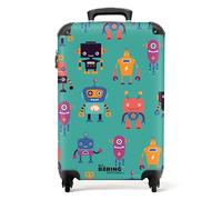 NoBoringSuitcases© Children's Luggage Kids Suitcase for Boys | 55x40x20 cm - Hand Luggage on Wheels - Cabin Suitcase - Hard Shell Trolley - Colourful Robot Pattern on Green - 20 inch
